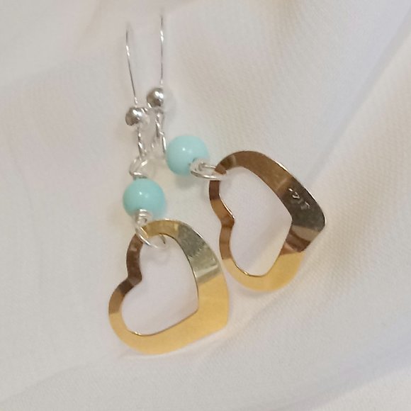 Turquoise ~ 14K YG Vintage Heart and Sterling Silver Earrings - Picture 7 of 14